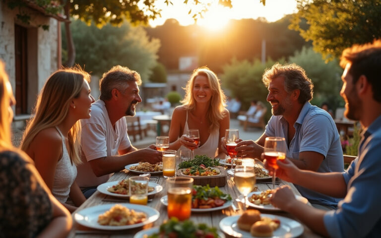Des habitants croates accueillants lors d'un dîner en plein air, autour d'une table en bois rustique, avec des plats traditionnels laissant voir des sourires et des rires chaleureux, et une douce lumière du soir provenant du coucher de soleil.