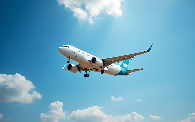 Un avion survolant un ciel bleu dégagé, avec des nuages doux et un éclairage naturel accentuant les détails de l'appareil.