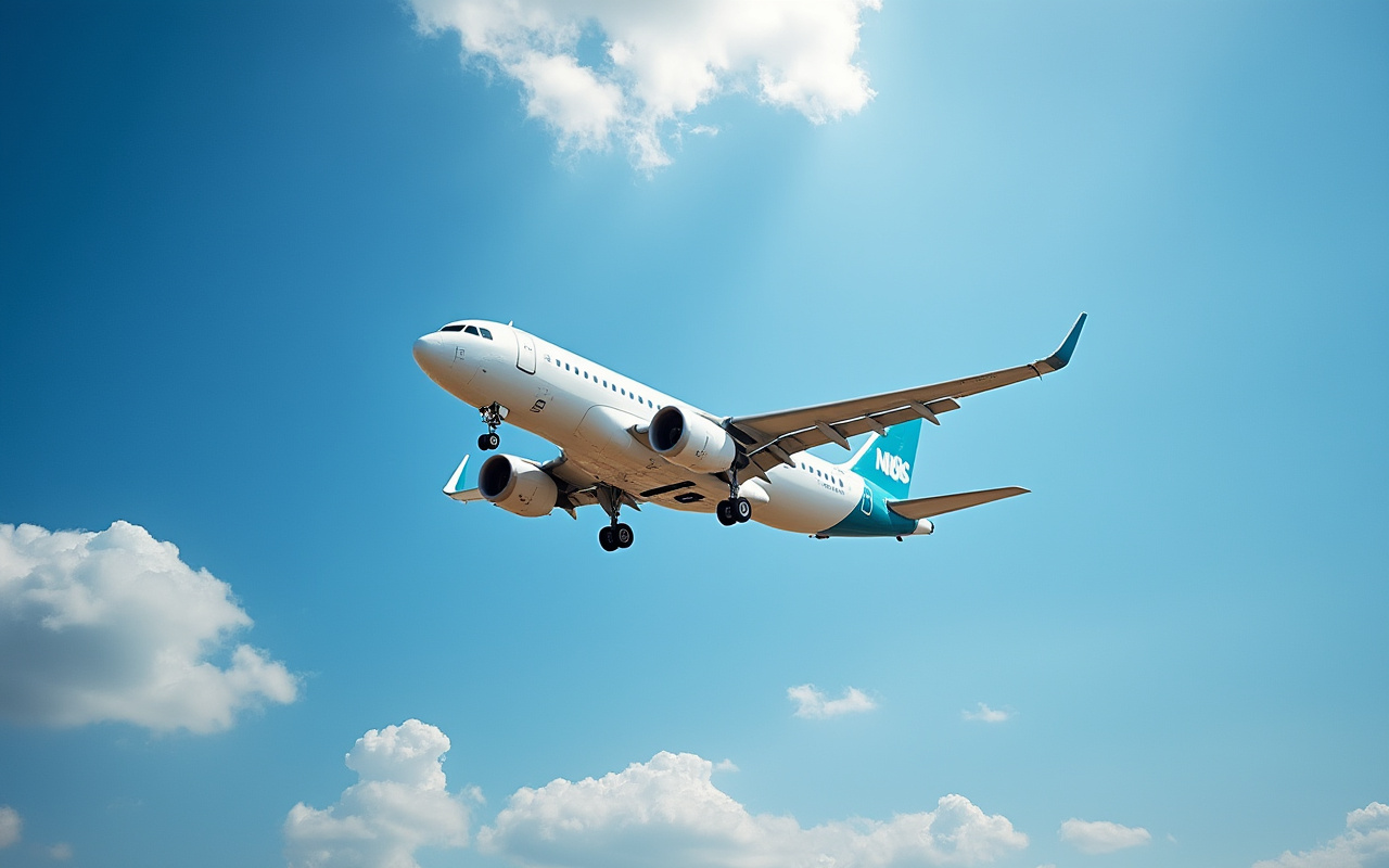 Un avion survolant un ciel bleu dégagé, avec des nuages doux et un éclairage naturel accentuant les détails de l'appareil.