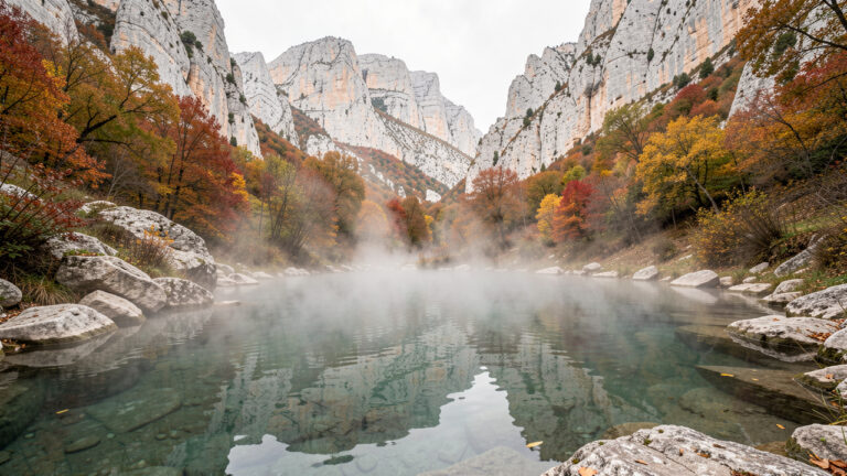 Bassin thermal extérieur fumant au cœur des gorges de La Hermida, entouré de feuillages d’automne et de montagnes calcaires dans une atmosphère paisible.