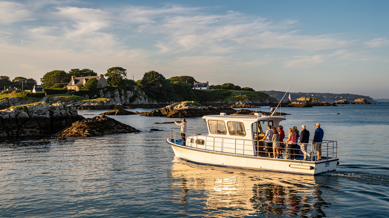 Petit bateau de mini-croisière dans le golfe du Morbihan, près d’îlots rocheux, ciel clair et passagers observant la côte depuis le pont.