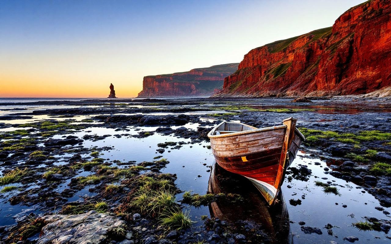 petit-bateau-en-bois-pres-de-hautes-falaises-rouges-au-coucher-du-soleil-eau-calme-avec-reflets-rochers-et-herbes-marines-ciel-orange-et-atmosphere-douce-et-chaleureuse