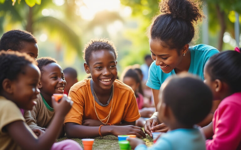 Un bénévole interagissant avec des membres de la communauté locale, entouré d'enfants souriants et d'un groupe diversifié de personnes, sous un soleil chaleureux, illustrant l'esprit de communauté.