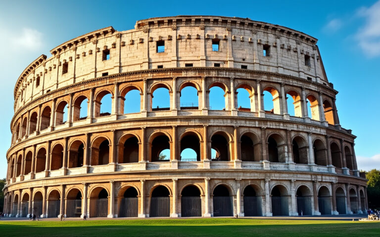 Image d'un ancien colisée à Rome, montrant la majesté de la structure sous un ciel bleu clair et un soleil chaleureux, accentuant les détails de la pierre ancienne.