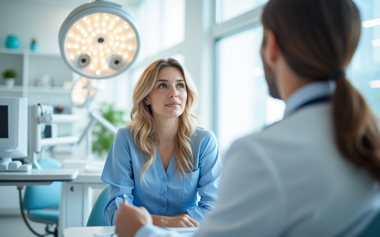 Un patient en consultation pour une intervention chirurgicale du nez, avec un médecin expliquant les procédures dans une clinique lumineuse.