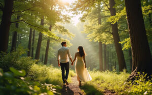 Un couple se promenant main dans la main dans une forêt paisible, baigné par la lumière dorée du soleil filtrant à travers les feuillages.