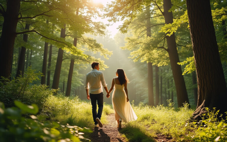 Un couple se promenant main dans la main dans une forêt paisible, baigné par la lumière dorée du soleil filtrant à travers les feuillages.