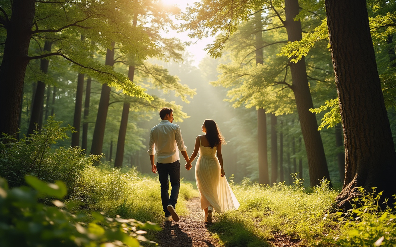 Un couple se promenant main dans la main dans une forêt paisible, baigné par la lumière dorée du soleil filtrant à travers les feuillages.