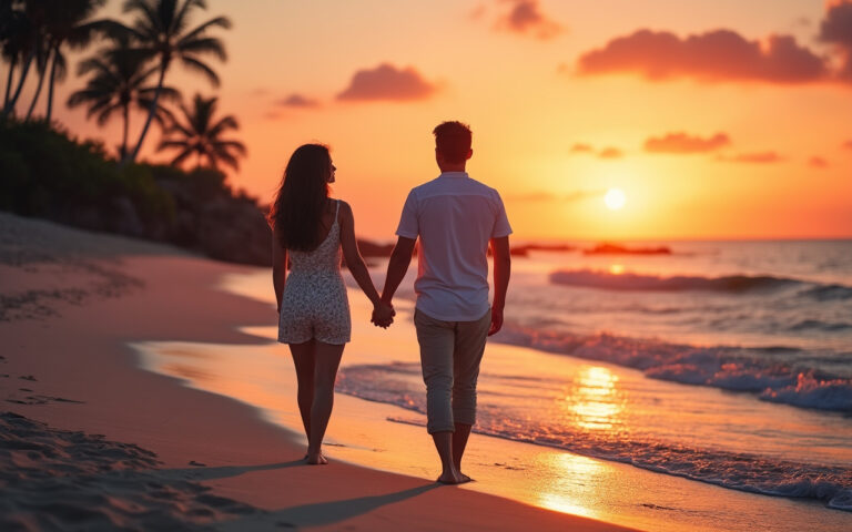 Un couple se tenant la main sur une plage au coucher de soleil, entouré de vagues douces et de palmiers silhouettés, créant une ambiance romantique et naturelle.