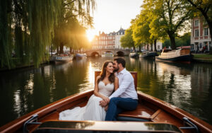 Un couple romantique sur un bateau dans les canaux d'Amiens, entouré de verdure luxuriante et de bâtiments historiques, sous une douce lumière de coucher de soleil.