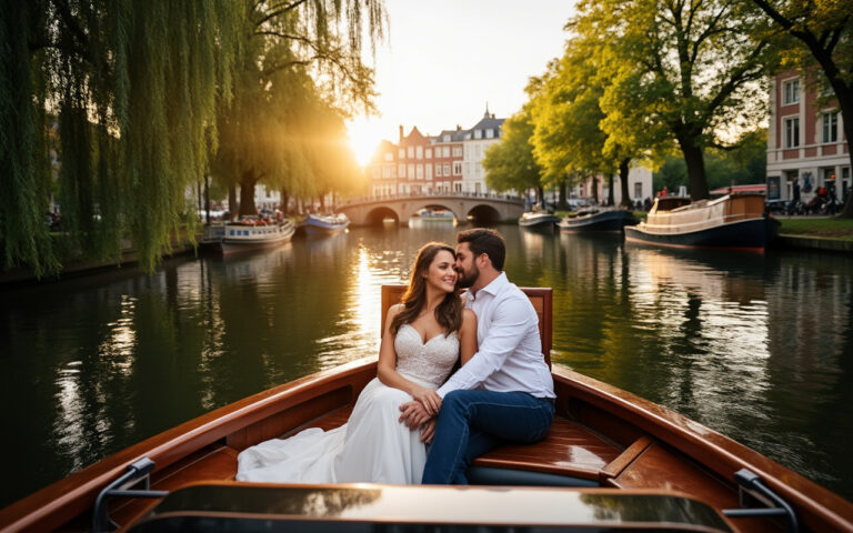Un couple romantique sur un bateau dans les canaux d'Amiens, entouré de verdure luxuriante et de bâtiments historiques, sous une douce lumière de coucher de soleil.