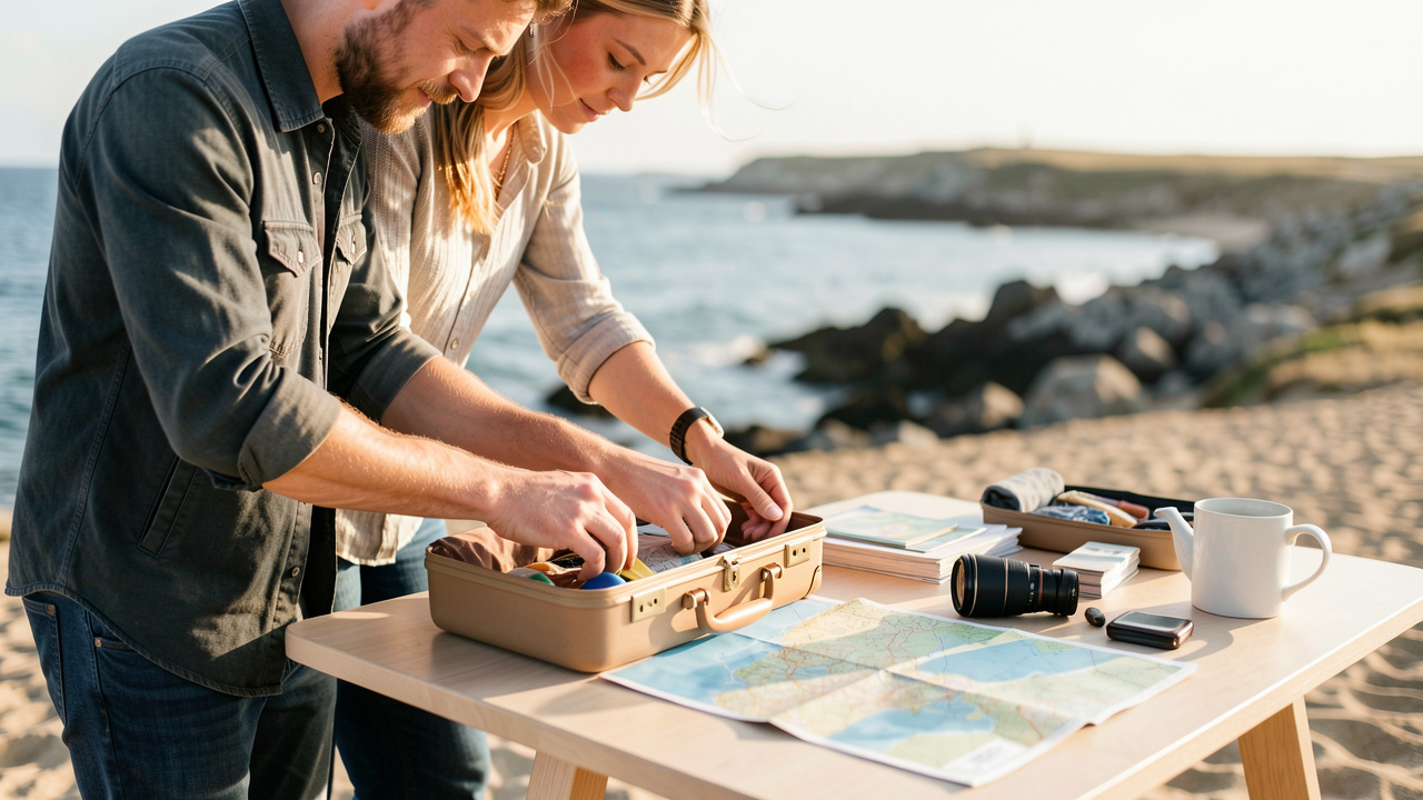 Un couple prépare un court séjour en Bretagne : la valise ouverte et une carte dépliée sur une table, avec en arrière-plan un paysage côtier rocheux au bord de la mer.