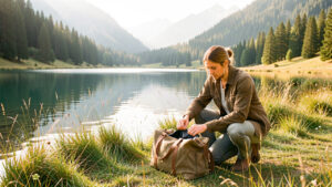 Un homme et une femme préparent un sac de voyage au bord d’un lac paisible, dans un paysage naturel lumineux.