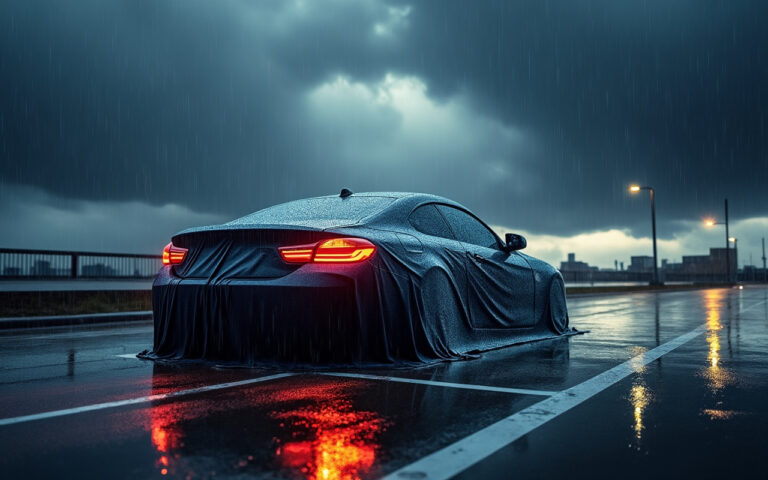 Une voiture recouverte pendant une tempête de pluie, avec des gouttes d'eau visibles sur la couverture et des reflets vibrants sur la surface, sous des nuages gris foncé.