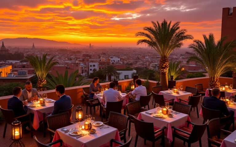 Une expérience culinaire dans un restaurant au rooftop à Marrakech, avec une ambiance chaleureuse au coucher de soleil, des décorations marocaines traditionnelles, des convives savourant des plats locaux et une vue panoramique sur la ville.