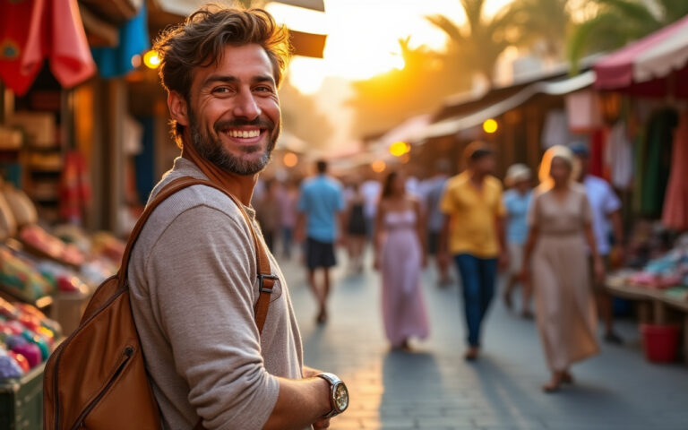 Un expat souriant se promenant dans un marché animé à Dubaï, avec de nombreuses personnes autour et des étals colorés, le tout baigné dans une lumière douce du soir.