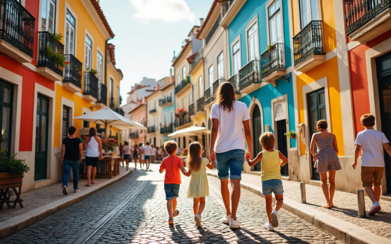 Une famille se promenant dans les rues animées de Lisbonne, admirant les bâtiments colorés et la culture locale sous un soleil radieux.
