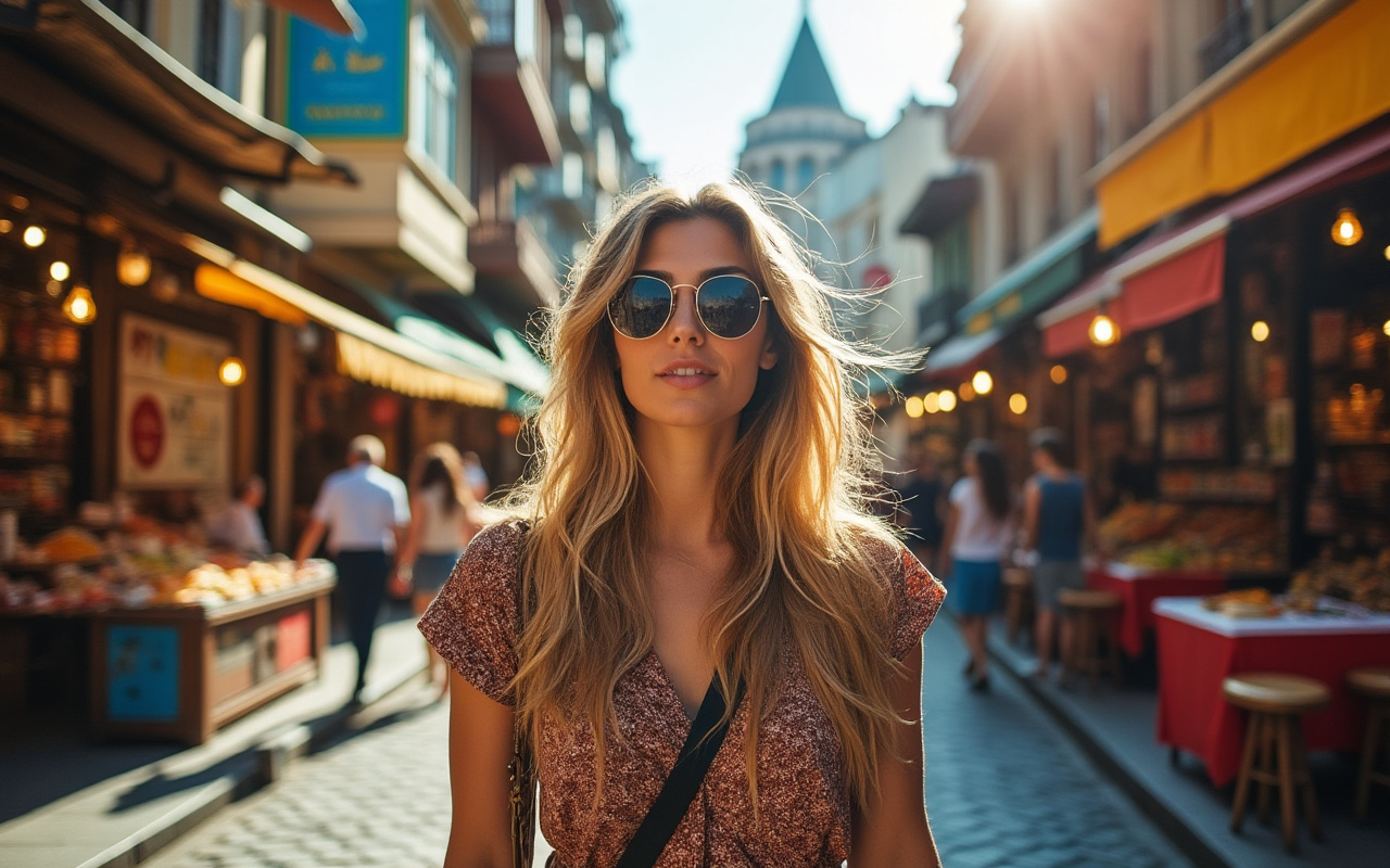 Une femme se promenant dans les rues d'Istanbul, entourée de marchés colorés et d'architecture traditionnelle, sous la lumière chaude du soleil.