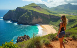 Une femme explorant un paysage magnifique de Cape Verde, entourée de collines verdoyantes, de l'océan bleu étincelant et de plages de sable doré, sous un soleil lumineux.