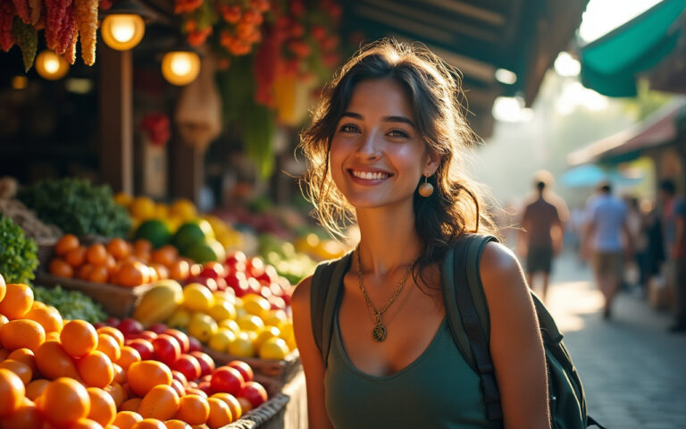 Une femme randonneuse explore un marché local animé, entourée de stands colorés remplis de fruits et de légumes, sous une lumière naturelle et chaleureuse.
