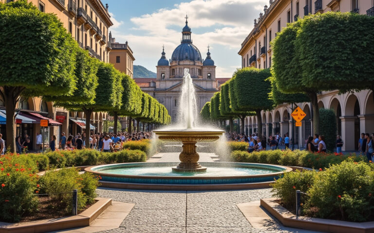 Une fontaine d'eau majestueuse située dans une ville espagnole, entourée d'architecture historique et de verdure luxuriante, sous un soleil éclatant.