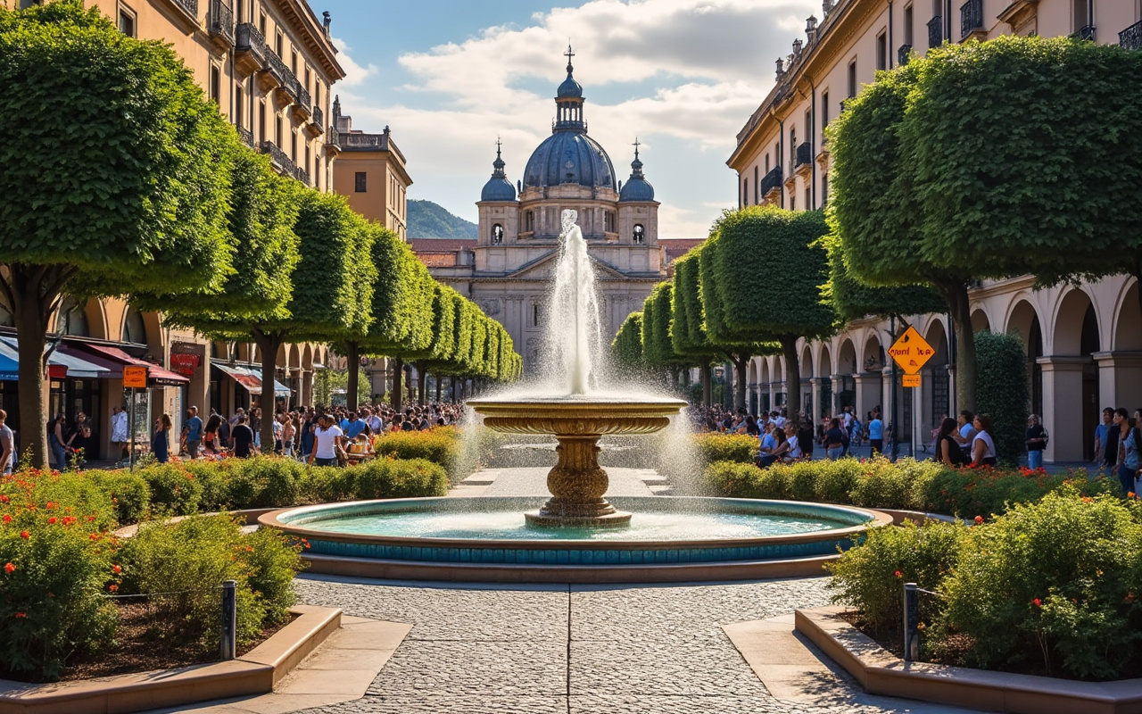 Une fontaine d'eau majestueuse située dans une ville espagnole, entourée d'architecture historique et de verdure luxuriante, sous un soleil éclatant.