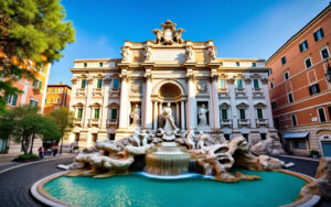 Une belle fontaine à Rome, entourée de verdure vibrante et sous un ciel bleu clair, mettant en valeur des sculptures détaillées et baignée d'une douce lumière du soleil.
