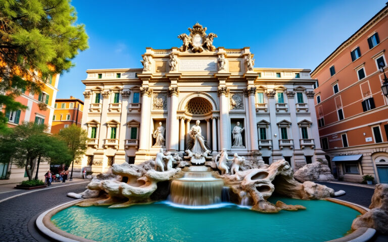 Une belle fontaine à Rome, entourée de verdure vibrante et sous un ciel bleu clair, mettant en valeur des sculptures détaillées et baignée d'une douce lumière du soleil.