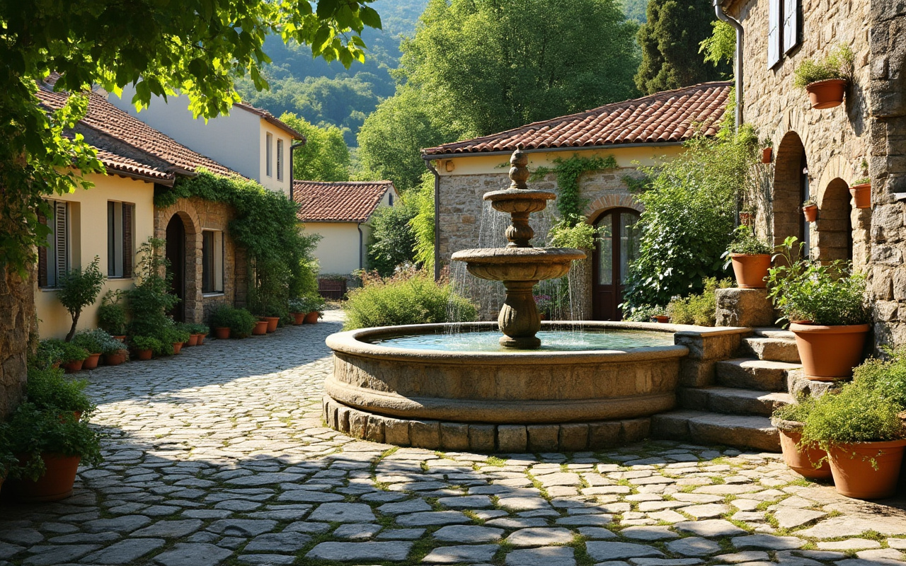 Une fontaine en pierre au centre d'un village en Corse, entourée de maisons pittoresques et de verdure luxuriante, sous un soleil éclatant, créant une atmosphère accueillante.