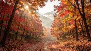 Forêt d’érables rouges et dorés dans les montagnes coréennes au lever du jour, avec un sentier calme couvert de feuilles automnales et une douce brume entre les reliefs.