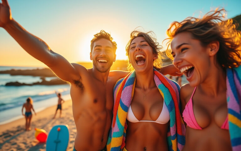 Un groupe d'amis célébrant à la plage, entouré de serviettes colorées, riant et s'amusant sous un coucher de soleil vibrant, avec des jouets de plage et des planches de surf.