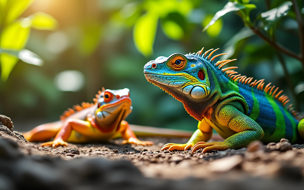 Une image de plusieurs iguanes colorés se prélassant sous un soleil radieux, les écailles brillantes au milieu d'une végétation tropicale luxuriante.