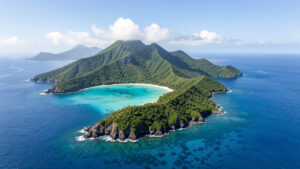 Vue aérienne réaliste d’une île française d’Outre-mer avec un lagon turquoise, un relief volcanique verdoyant et quelques nuages tropicaux.