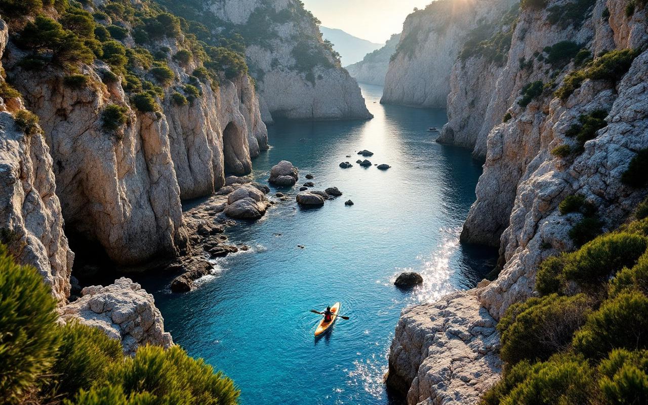 Un kayakiste pagaie le long de calanques rocheuses, entour&eacute; de falaises calcaires et de blocs &eacute;pars, avec de l embrun et une v&eacute;g&eacute;tation c&ocirc;ti&egrave;re basse, baign&eacute; d une lumi&egrave;re douce du matin aux tons bleus et verts.