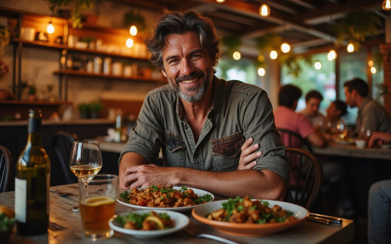 Un habitant savourant un repas traditionnel dans une taverne, entouré de décor en bois rustique et d'une lumière ambiante chaleureuse, créant une atmosphère conviviale et accueillante.