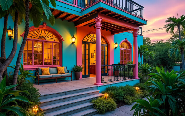 Une maison cubaine ornée de décorations vibrantes, aux couleurs vives comme le turquoise et le corail, entourée de verdure luxuriante, capturée lors d'un coucher de soleil avec une atmosphère chaleureuse.