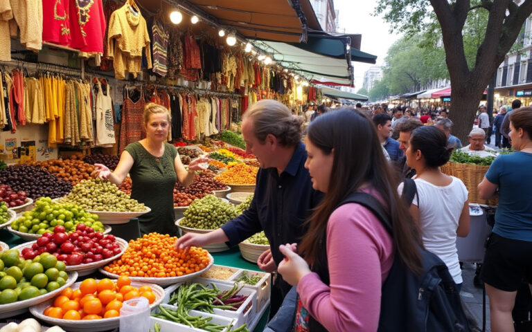 Une vue d'un marché local animé à Palerme, avec des étals colorés, des produits frais et des artisans. L'atmosphère est vivante avec des gens interagissant sous une lumière naturelle et des tons chaleureux.