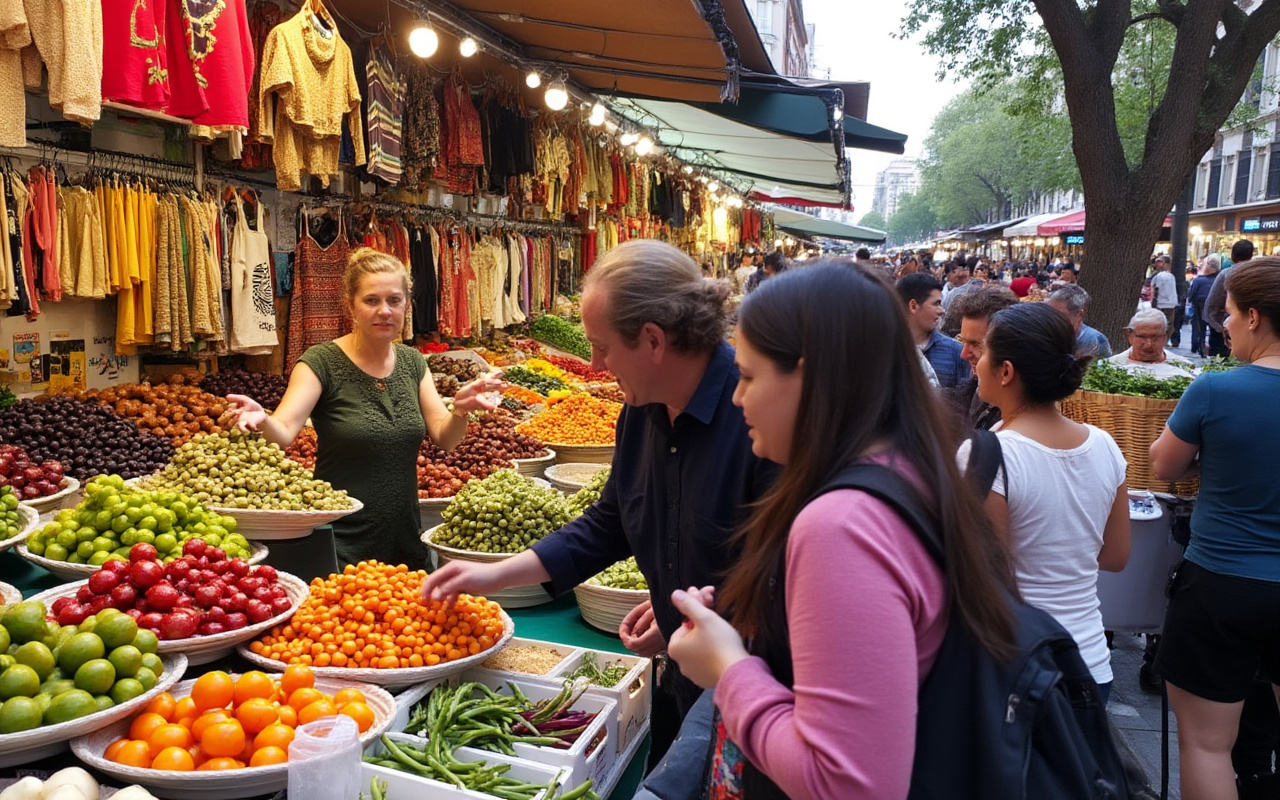 Une vue d'un marché local animé à Palerme, avec des étals colorés, des produits frais et des artisans. L'atmosphère est vivante avec des gens interagissant sous une lumière naturelle et des tons chaleureux.