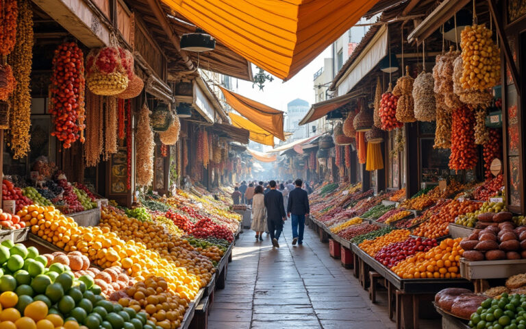 Une vue animée d'un marché traditionnel à Dubaï, avec des étals colorés remplis de produits exotiques et artisanaux, illuminé par un ensoleillement éclatant, captivant l'ambiance culturelle et vivante de l'endroit.