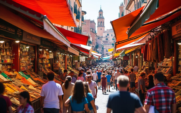 Une vue d'un marché urbain à Marrakech, débordant de couleurs vibrantes et d'énergie, avec des foules animées et des étals colorés remplis d'épices et de textiles. La lumière du soleil réchauffe l'atmosphère, créant un environnement vivant et riche en détails.