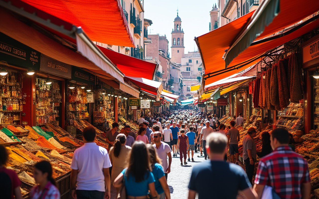 Une vue d'un marché urbain à Marrakech, débordant de couleurs vibrantes et d'énergie, avec des foules animées et des étals colorés remplis d'épices et de textiles. La lumière du soleil réchauffe l'atmosphère, créant un environnement vivant et riche en détails.