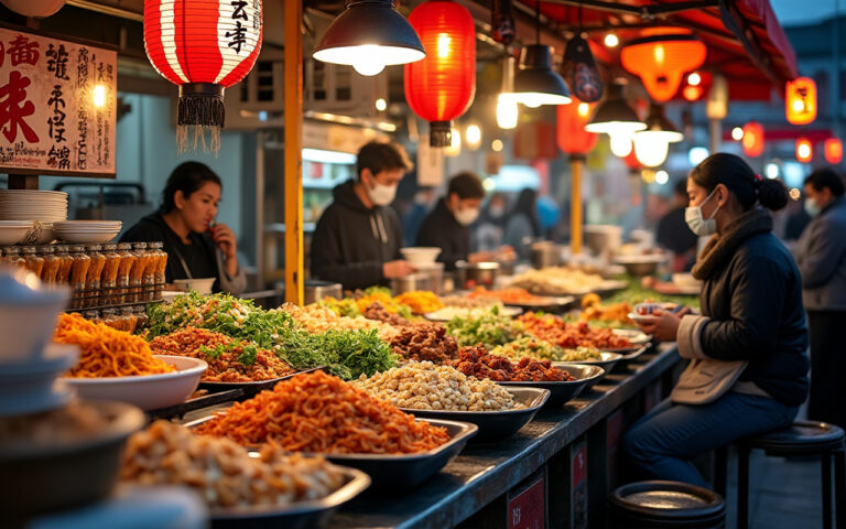 Un marché de rue japonais animé, présentant une variété de plats délicieux dans des stands colorés, avec une lumière ambiante et chaleureuse créant une atmosphère conviviale et accueillante.