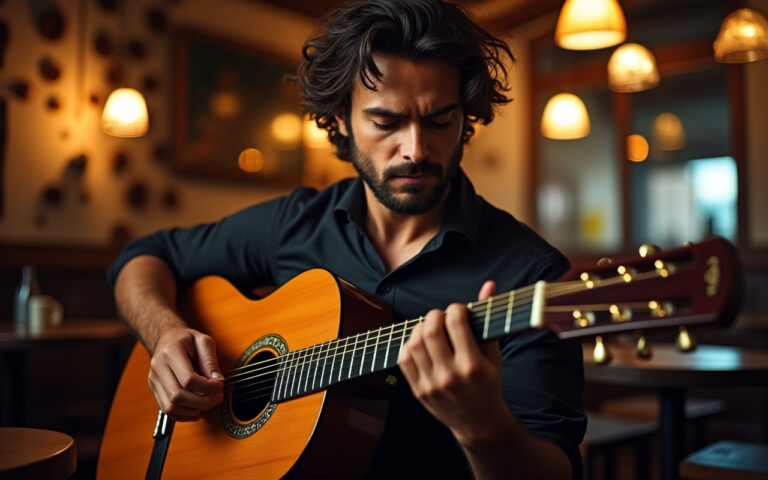 Un musicien jouant de la guitare fado dans une taverne chaleureuse, l'ambiance est intime avec un éclairage tamisé et un décor en bois rustique.