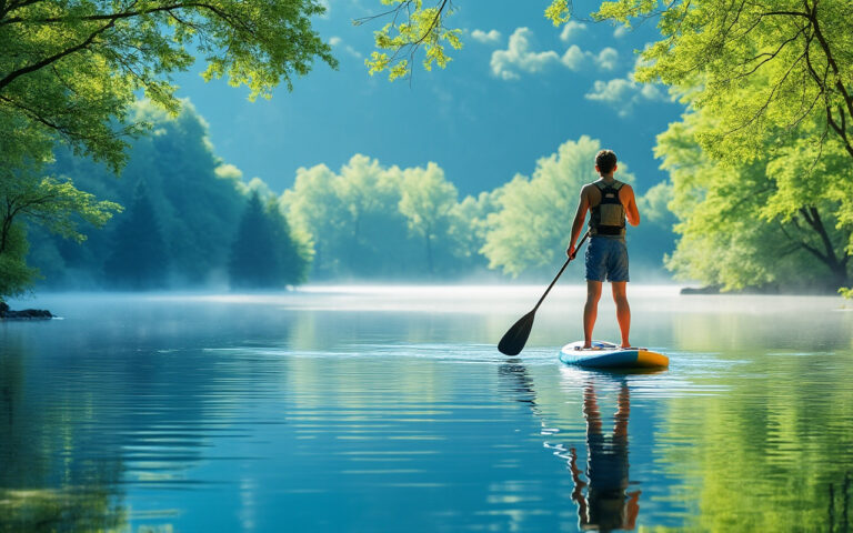 Un homme faisant du paddle sur un lac serein, entouré d'arbres verdoyants, au lever du soleil, avec des reflets sur l'eau calme, créant une atmosphère paisible.