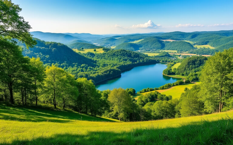 Vue saisissante du paysage du Morvan, avec des collines ondulantes, une végétation luxuriante et un lac serein sous le soleil éclatant.