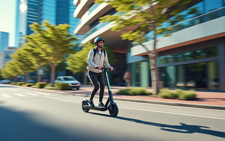 Une personne roulant sur un scooter électrique dans une ville moderne, entourée de bâtiments contemporains sous un ciel ensoleillé.