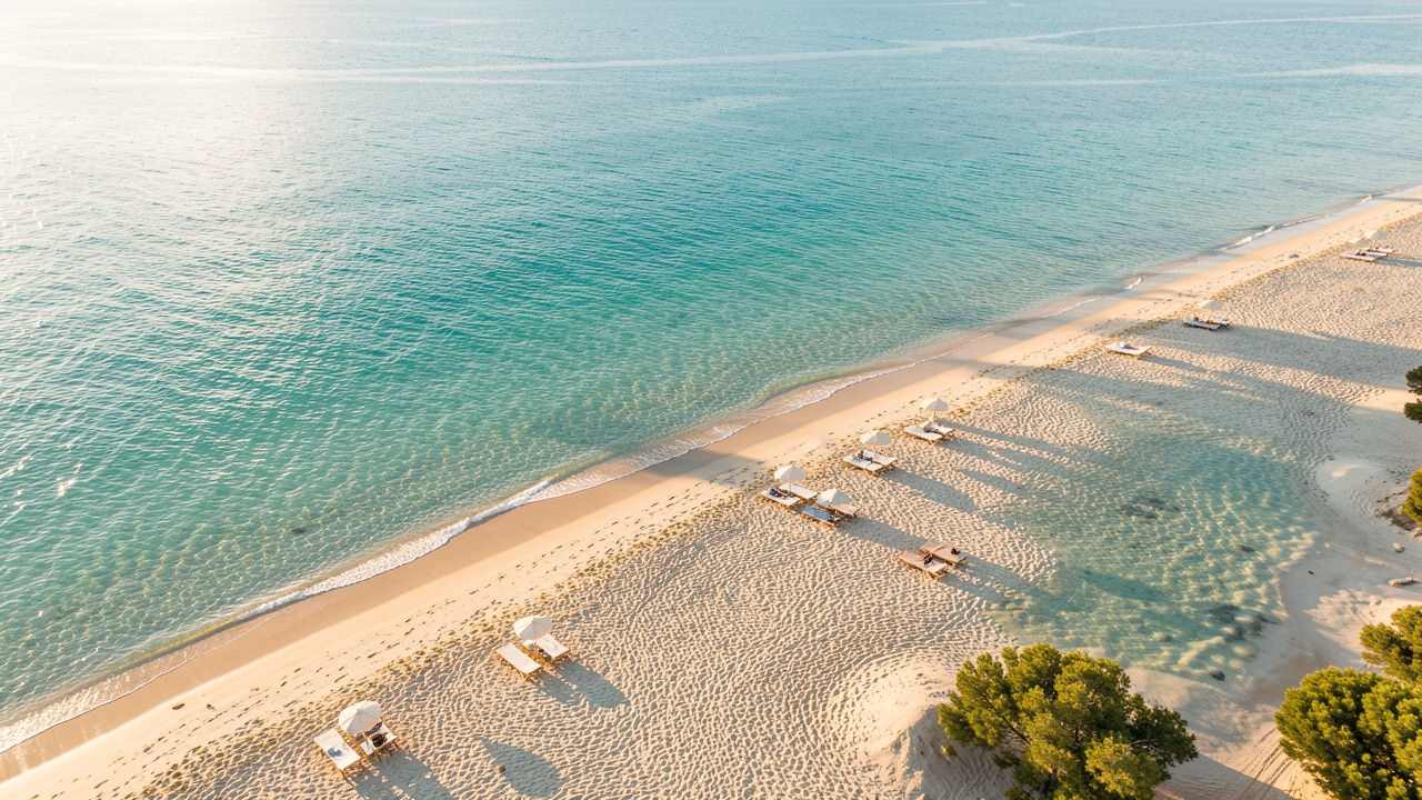 Vue aérienne réaliste d’une plage méditerranéenne paisible en septembre, avec une mer turquoise, quelques transats espacés et une lumière chaude de fin d’été.
