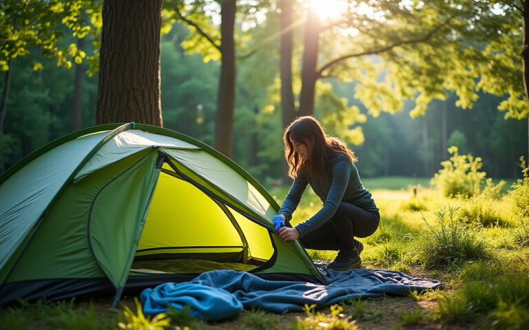 Une personne nettoyage une tente dans une forêt verdoyante, avec la lumière du soleil filtrant à travers les arbres, créant une atmosphère paisible et naturelle.