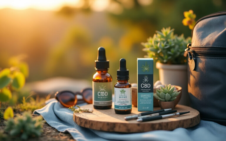 Image représentant des produits CBD apaisants disposés sur une table de voyage, dans un cadre naturel, avec une lumière douce du matin créant une ambiance sereine.