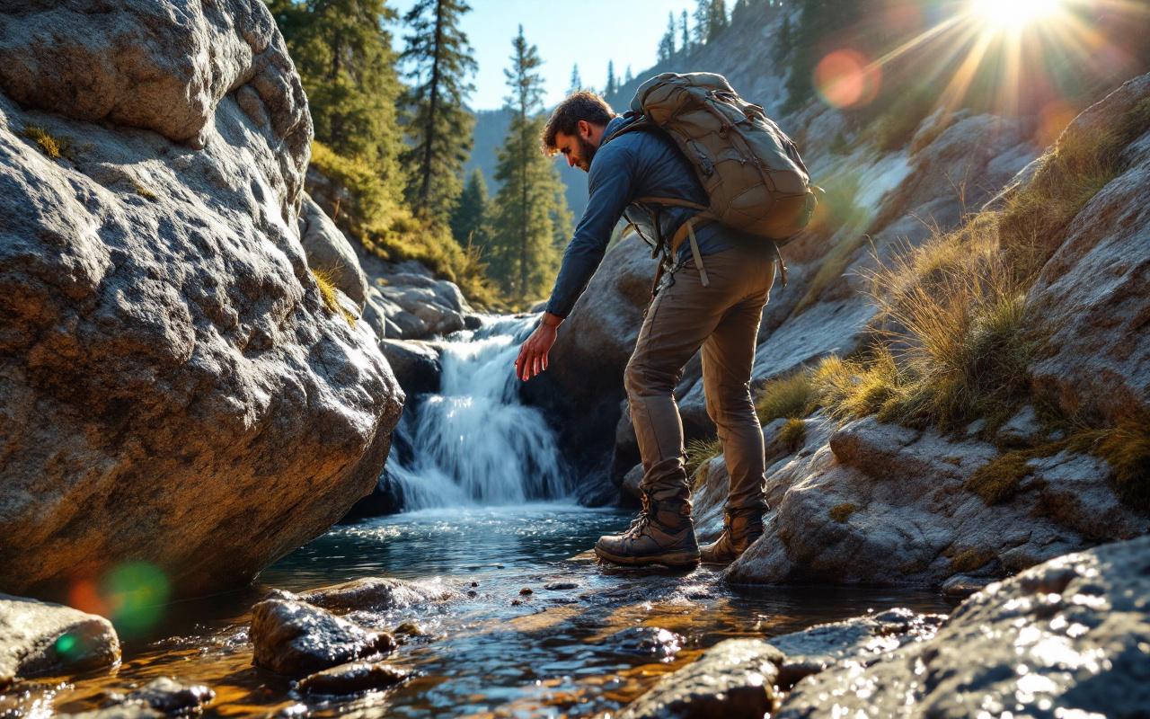 Un randonneur touche un bloc de granit chauff&eacute; par le soleil &agrave; c&ocirc;t&eacute; d'une vasque o&ugrave; l'eau tombe en cascade, entour&eacute; de rochers humides, mousse et conif&egrave;res, baign&eacute; d'une lumi&egrave;re chaude de fin d'apr&egrave;s-midi.